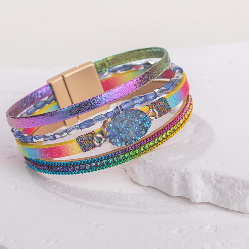 Bohemian Crystal Leather Wrap Bracelet with Magnetic Clasp