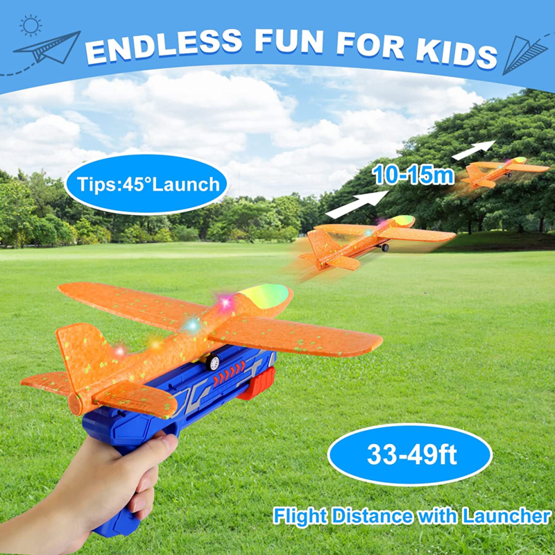 3 Pack LED Foam Airplane Launcher Toys with 2 Flight Modes for Kids 4-12