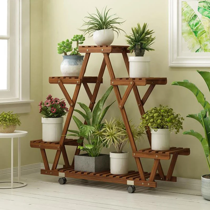 Triangular Carbonized Wood Plant Shelf with Wheels for 6 containers