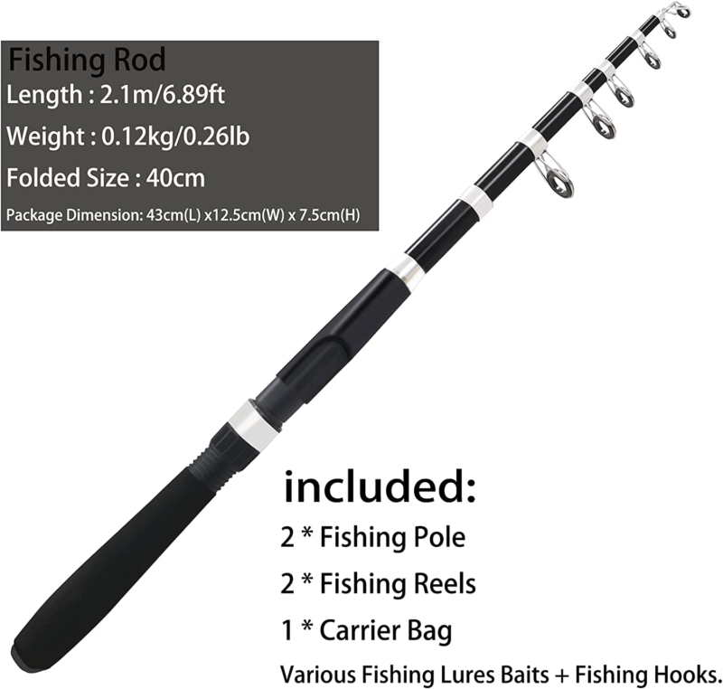 Fishing Pole Combo Set,2.1M/6.89Ft 2PCS Collapsible Rods 2PCS Spinning Reels 