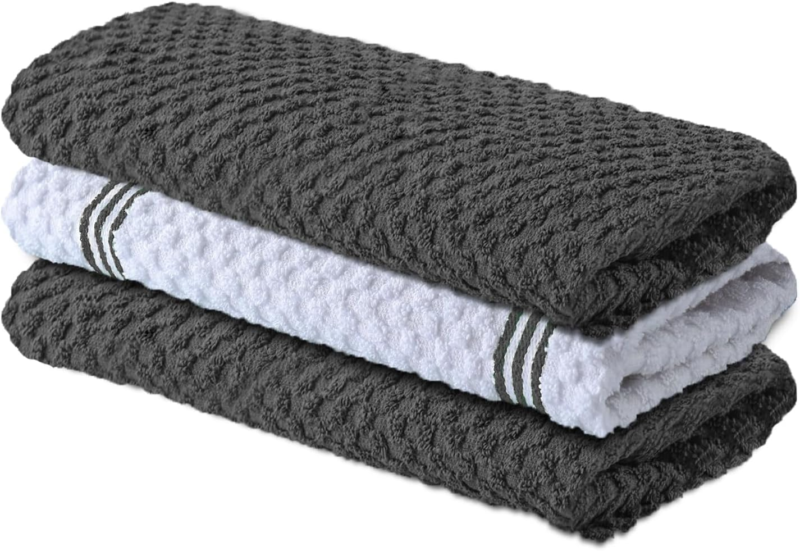 Premium 100% Cotton Kitchen Towels - Pack of 3, Absorbent Grey Dishcloths