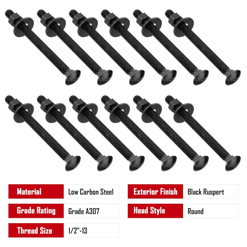 Carriage Bolt Kit 1/2" x 6" - 12 Rust-Resistant Bolts, Washers & Nuts, Black