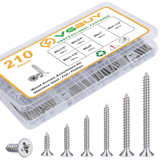 210Pcs Wood Screws Assortment Kit, 304 Stainless Steel, 6 Sizes, Phillips Drive