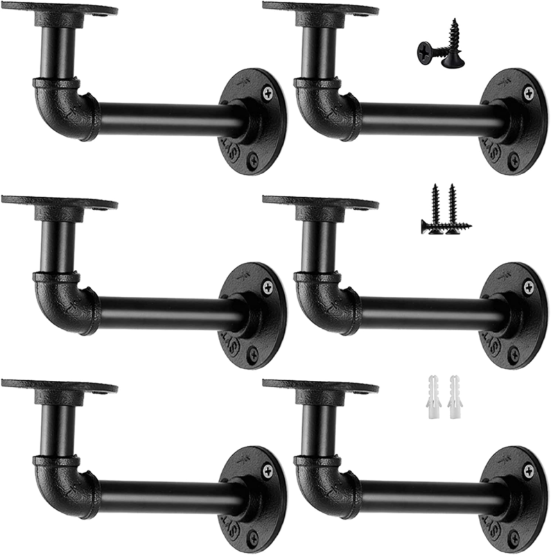 Heavy Duty Industrial Pipe Shelf Brackets for 8-14 Inch Boards - 6 Pack Black