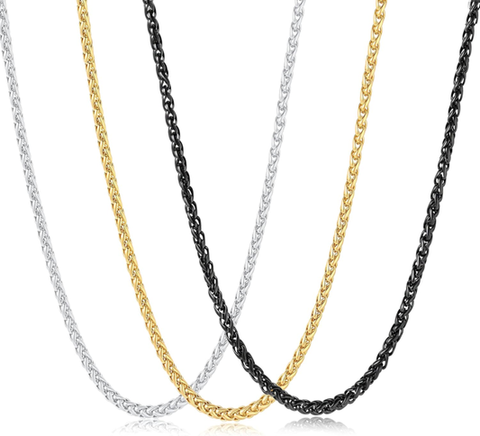 Men's 3-Piece Stainless Steel Wheat Chain Necklace Set in Gold, Black, Silver