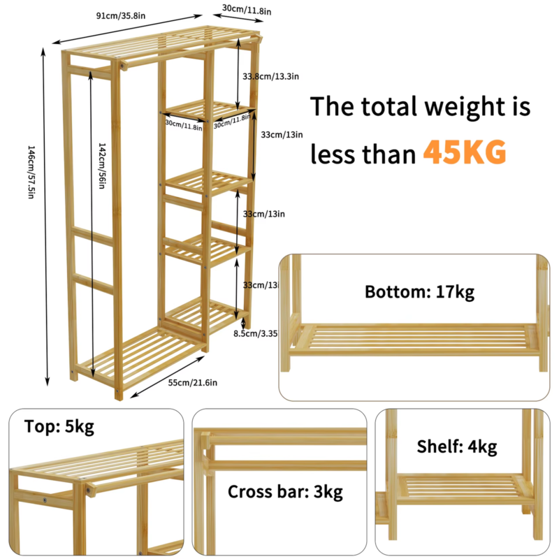 6-Tier Bamboo Garment Rack with Cover and Shelves for Clothing Organization