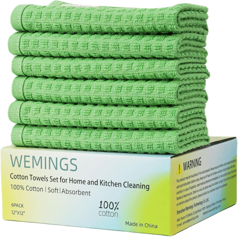 Cotton Dishcloths Set - 6 Pack, 12x12 Inches, Soft & Absorbent, Green