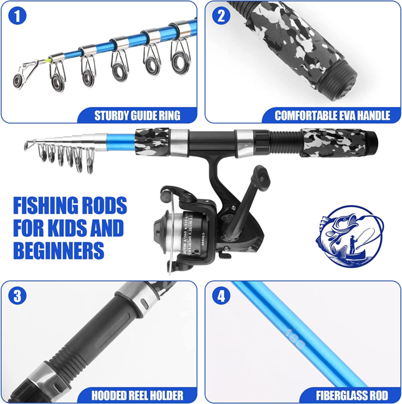 Fishing Rod and Reel Combo Collapsible Fishing Rod 2Pcs,  Lures Hooks+Carry Bag