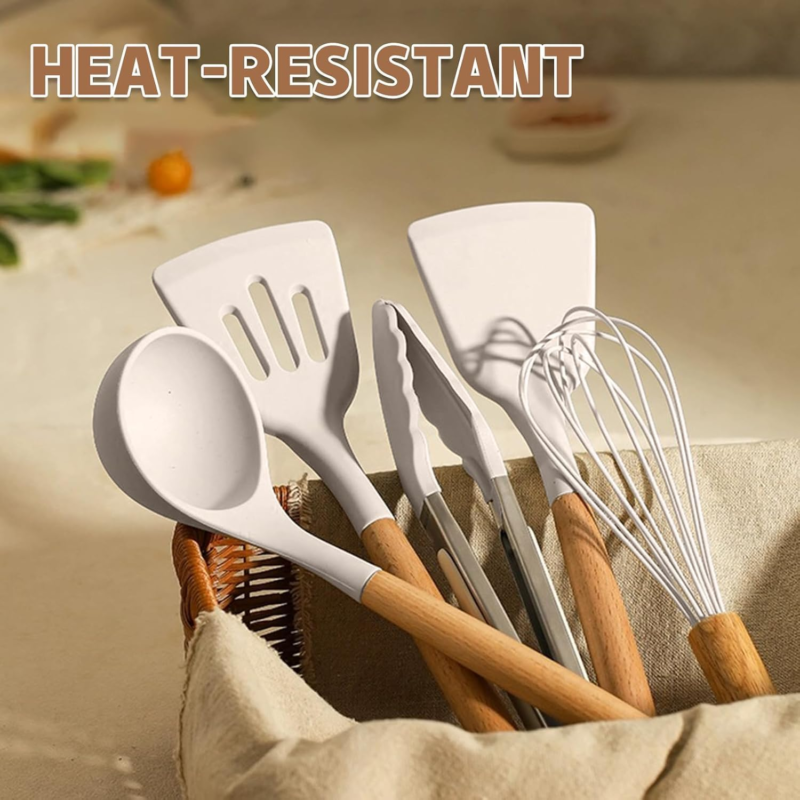 33-Piece Non-Stick Silicone Kitchen Utensils Set with Holder (Khaki)