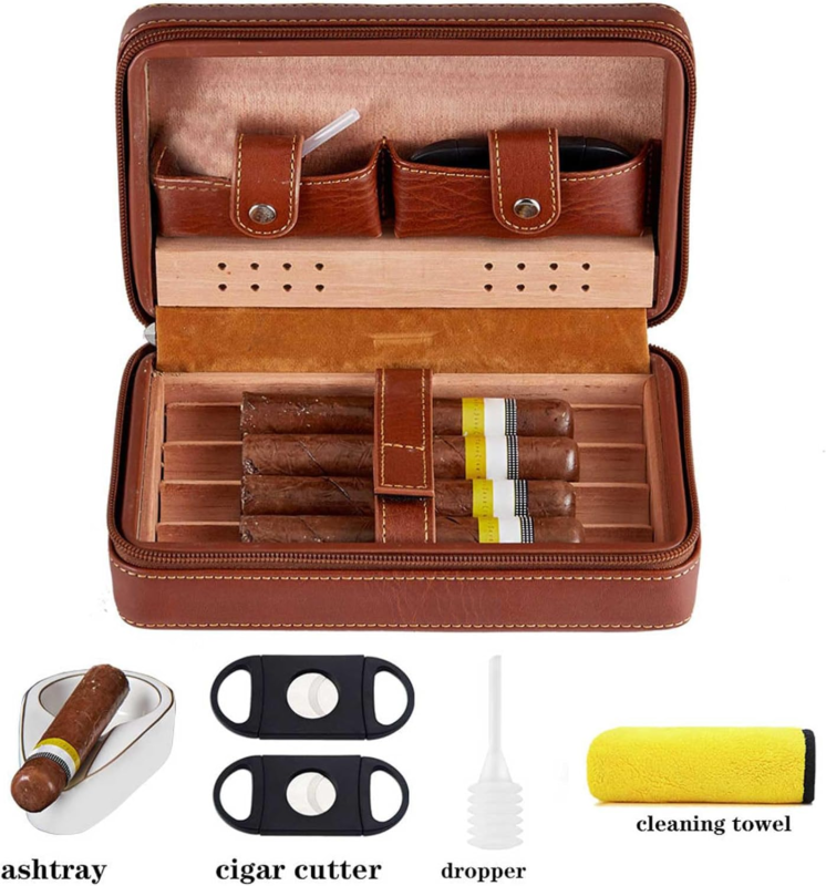 Cedar Wood Cigar Case Set with Cutter, Humidifier, Ashtray & Towel