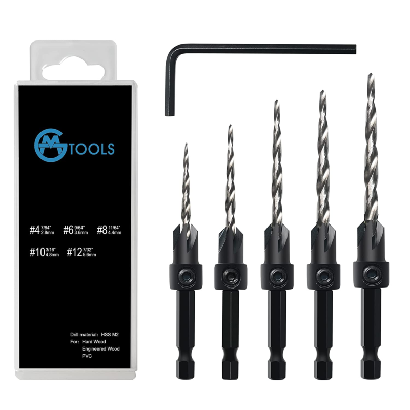 Countersink Drill Bit Set, 5Pcs Tapered Drill Bits M2 HSS, with 1/4" Hex Shank Q