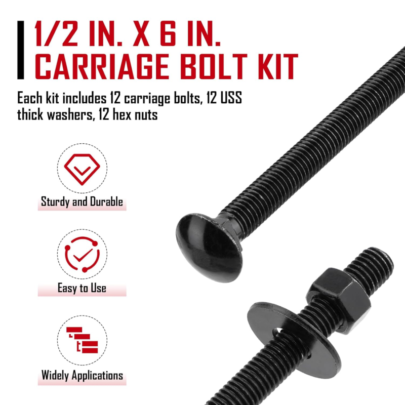 Carriage Bolt Kit 1/2" x 6" - 12 Rust-Resistant Bolts, Washers & Nuts, Black