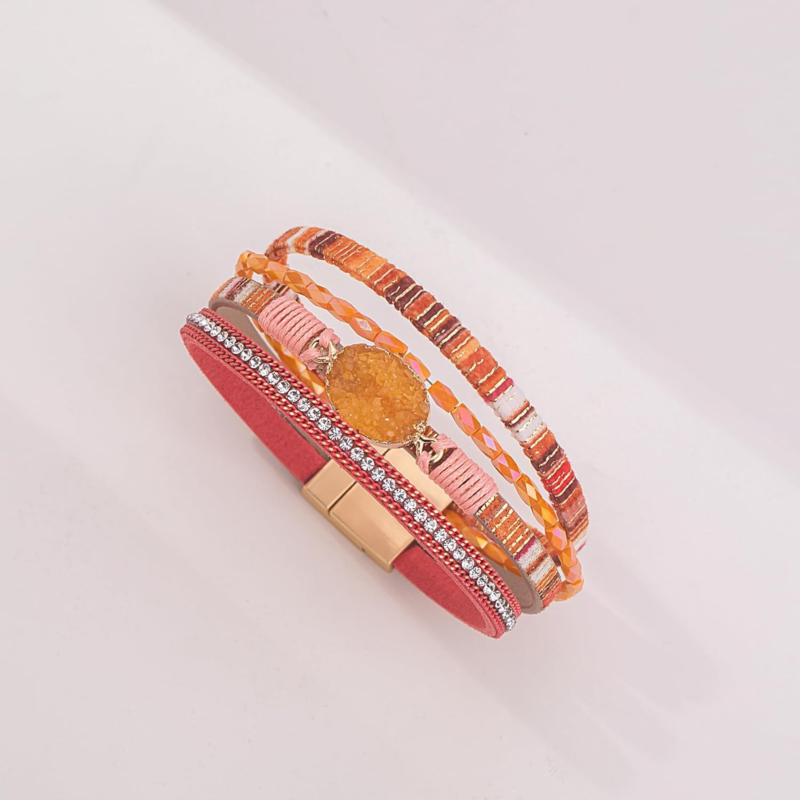 Boho Leather Wrap Bracelets with Crystal and Magnetic Clasp