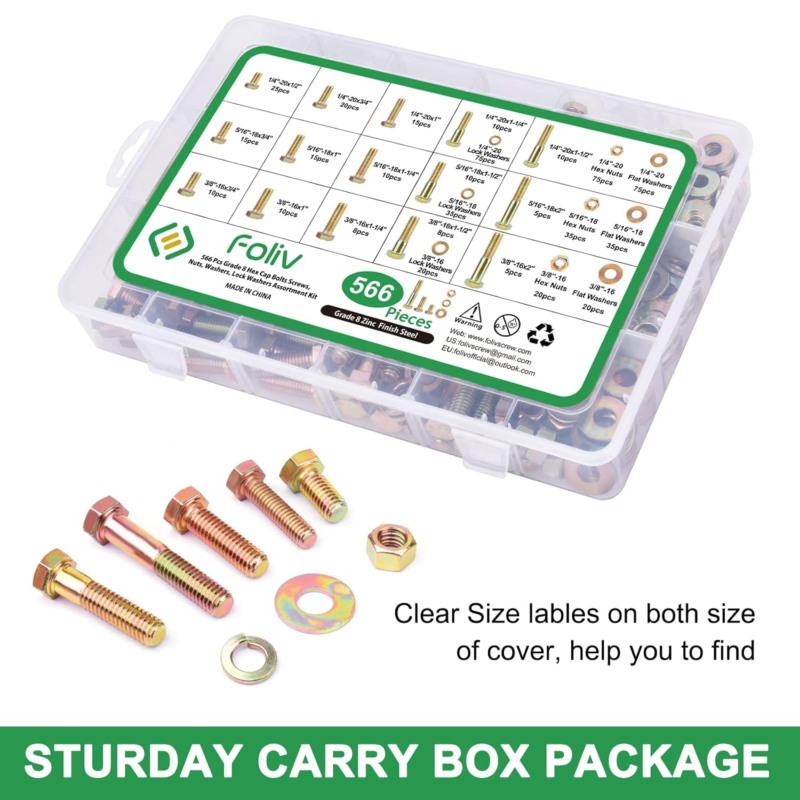 566Pcs Heavy Duty Bolts and Nuts Assortment Kit, Grade 8 Hex Screws Bolts Nuts K