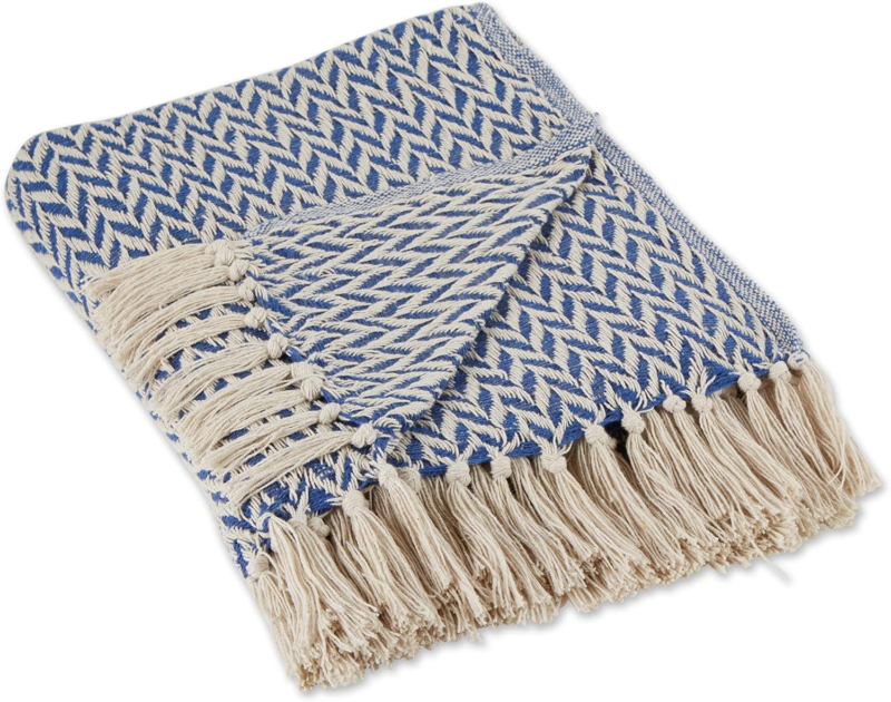 Modern Zig Zag Woven Cotton Throw Blanket with Fringe, French Blue 50x60