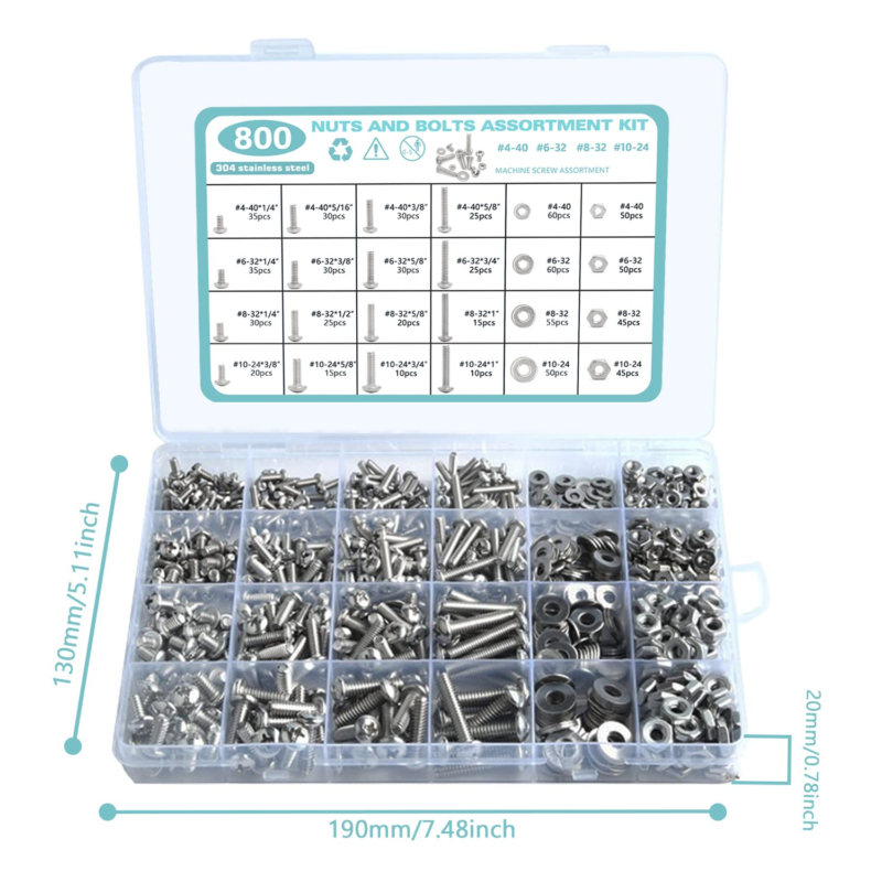 800 Pcs Nuts and Bolts Assortment Kit,  Stainless Steel Phillips Pan Head Machin