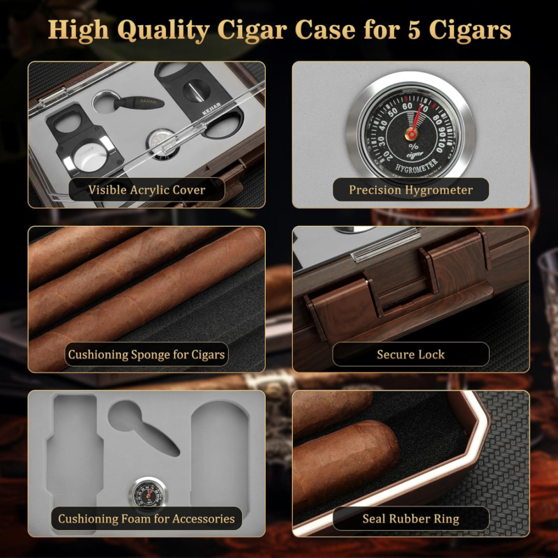 Travel Cigar Humidor Set with Cutters, Puncher, and Hygrometer - Dark