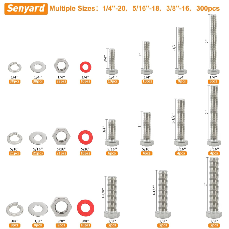 304 Stainless Steel Hex Bolts and Nuts Assortment Kit - 300 Pcs