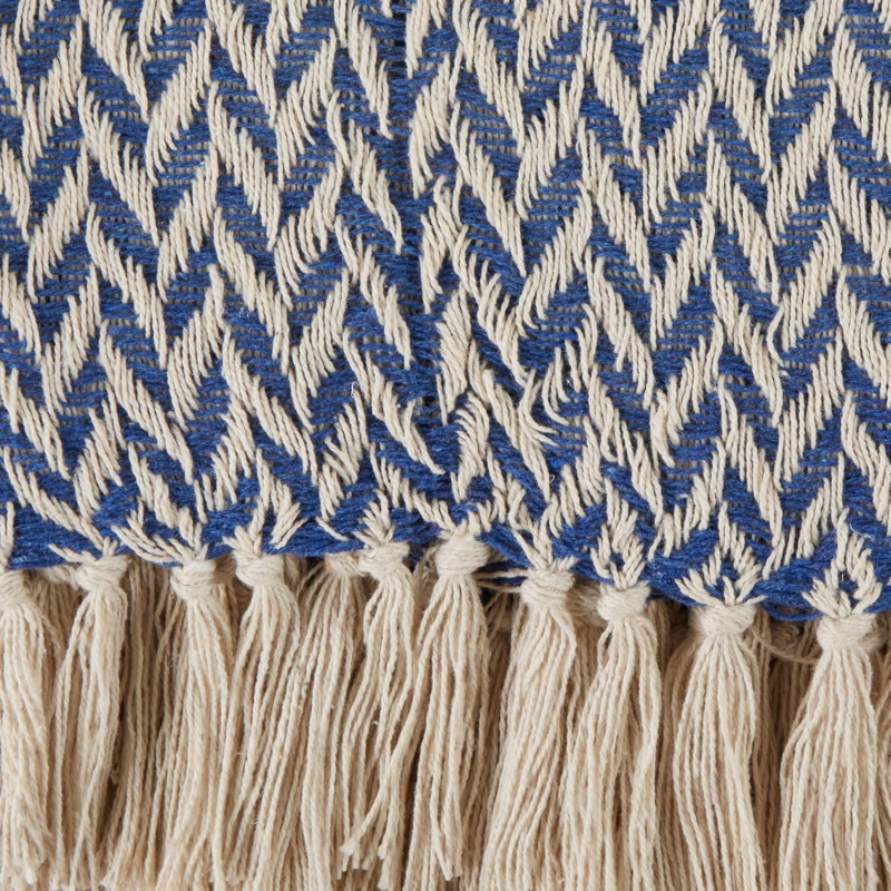 Modern Zig Zag Woven Cotton Throw Blanket with Fringe, French Blue 50x60