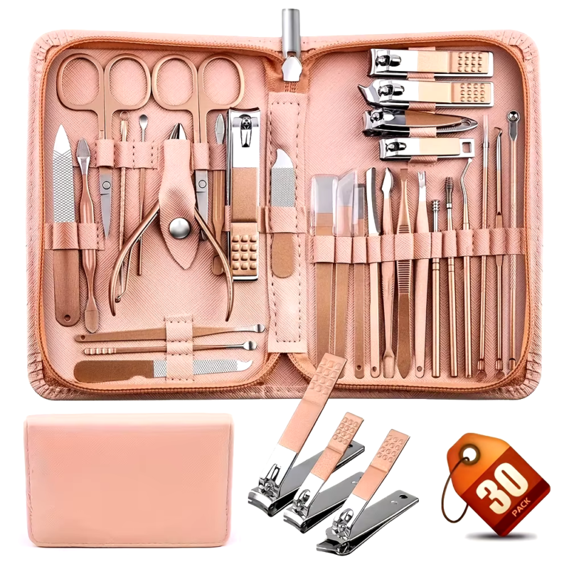 Professional 30-Piece Pink Stainless Steel Manicure Set with Case