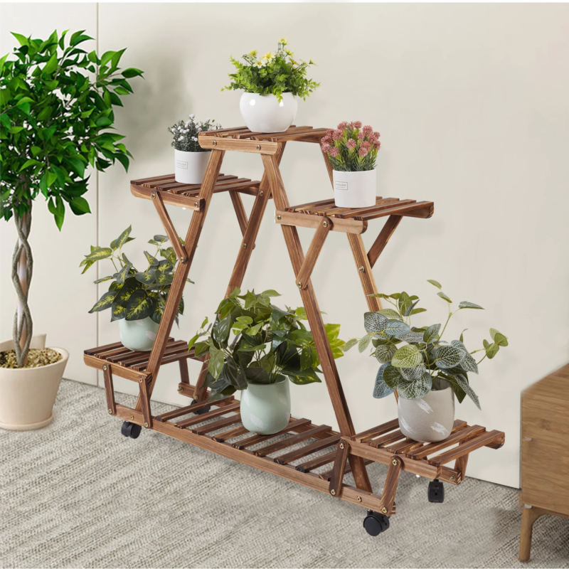 Triangular Carbonized Wood Plant Shelf with Wheels for 6 containers