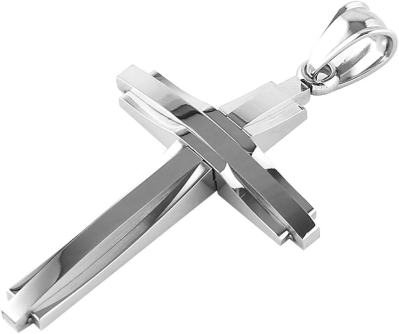 Men's Stainless Steel Silver Cross Pendant Necklace, 22+2 Inch Chain