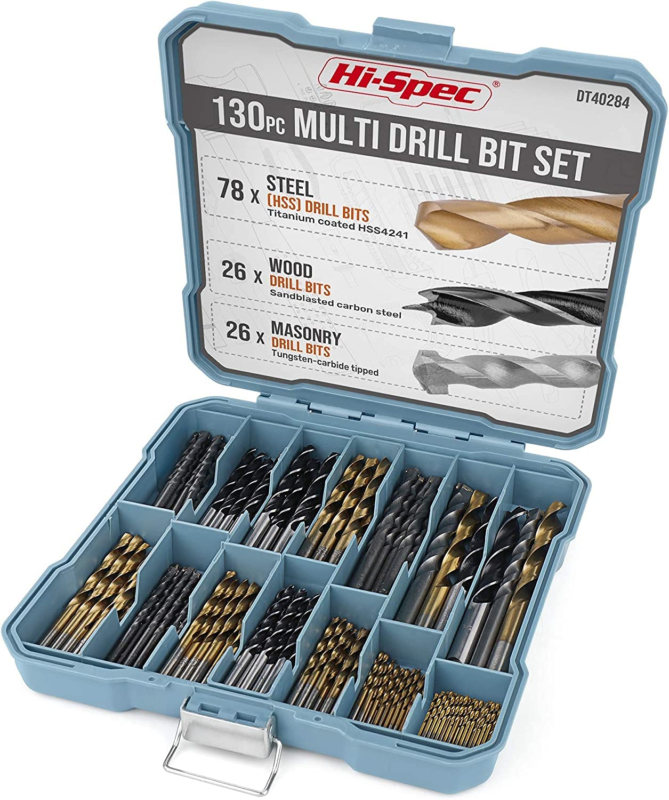 130Pc Multi SAE Drill Bit Set. 11 Sizes 1/16In to 3/8In. Metal, Wood, Plastic, D