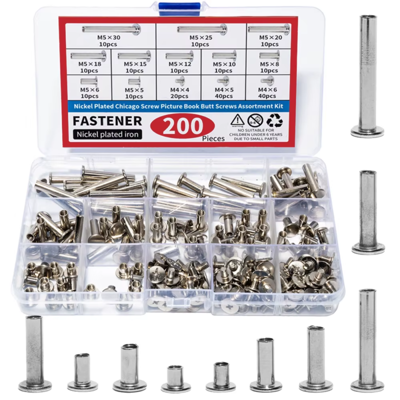 200PCS Silver Phillips Chicago Screws for Photo Albums and Scrapbooks, 10 Sizes