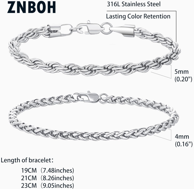 2Pcs Stainless Steel Bracelets for Men  Cuban Link Figaro Rope  7.5/8.3/9 Inches