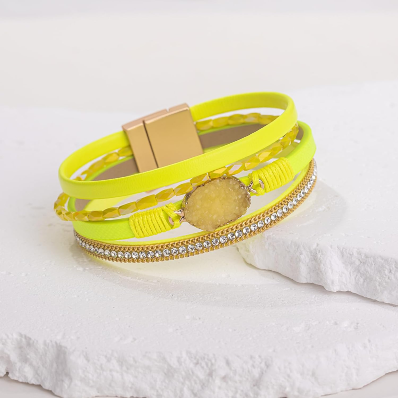 Boho Leather Wrap Bracelet with Crystal - Stackable Jewelry