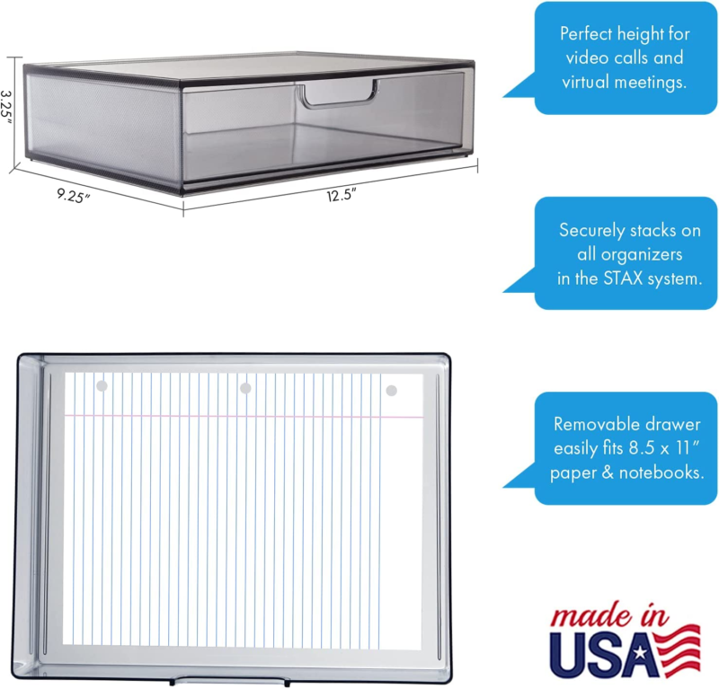 Plastic Stackable Organizer Drawers (Set of 2) Classic Grey 12.5" W, Made in USA