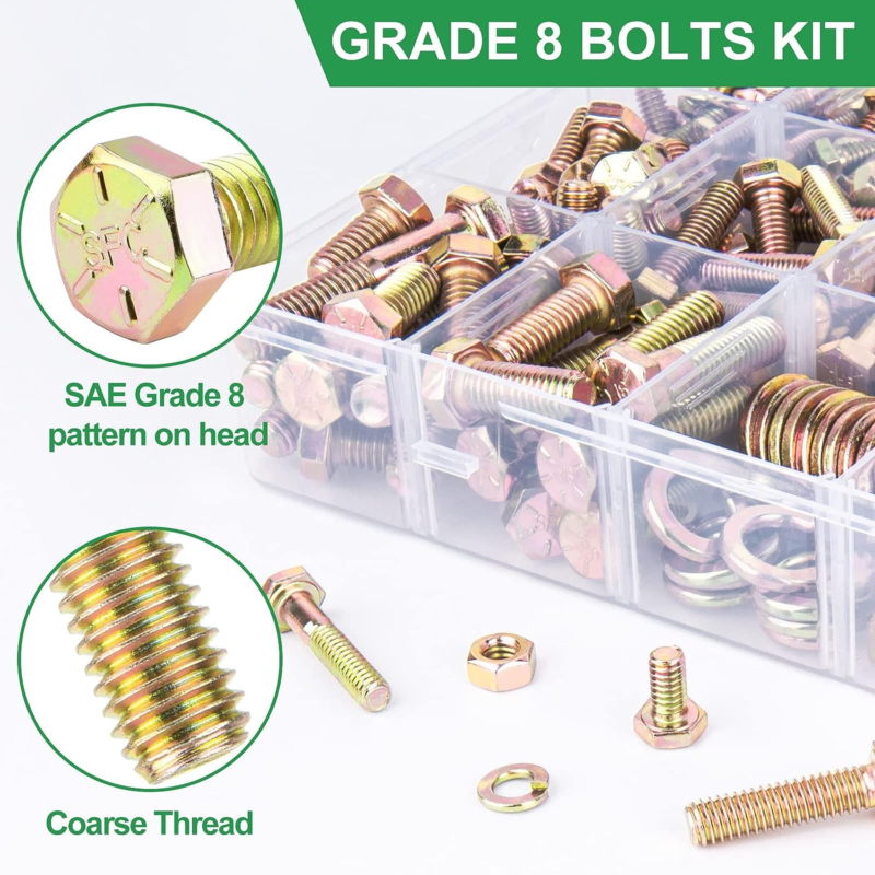 608Pcs Grade 8 Bolts and Nuts Assortment Kit, 1/4-20, 5/16-18, 3/8-16, 1/2-13 He