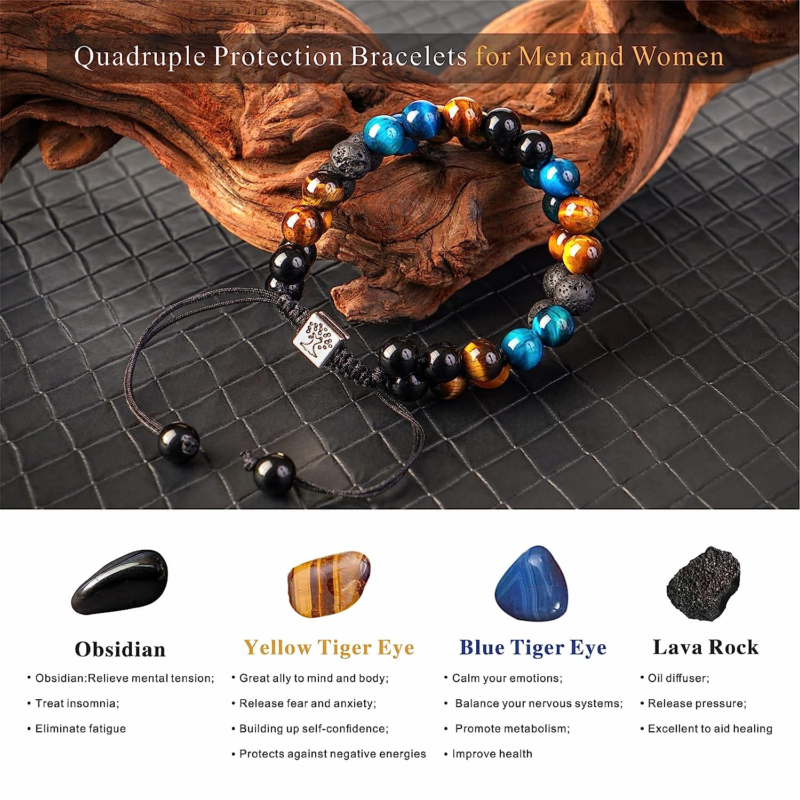 Quadruple Protection Bracelet for Men, Tiger Eye, Lava Rock & Black Obsidian 