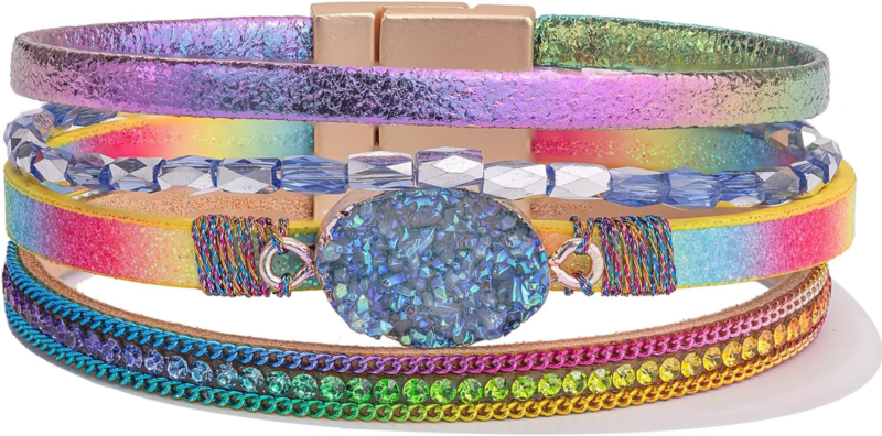 Bohemian Crystal Leather Wrap Bracelet with Magnetic Clasp