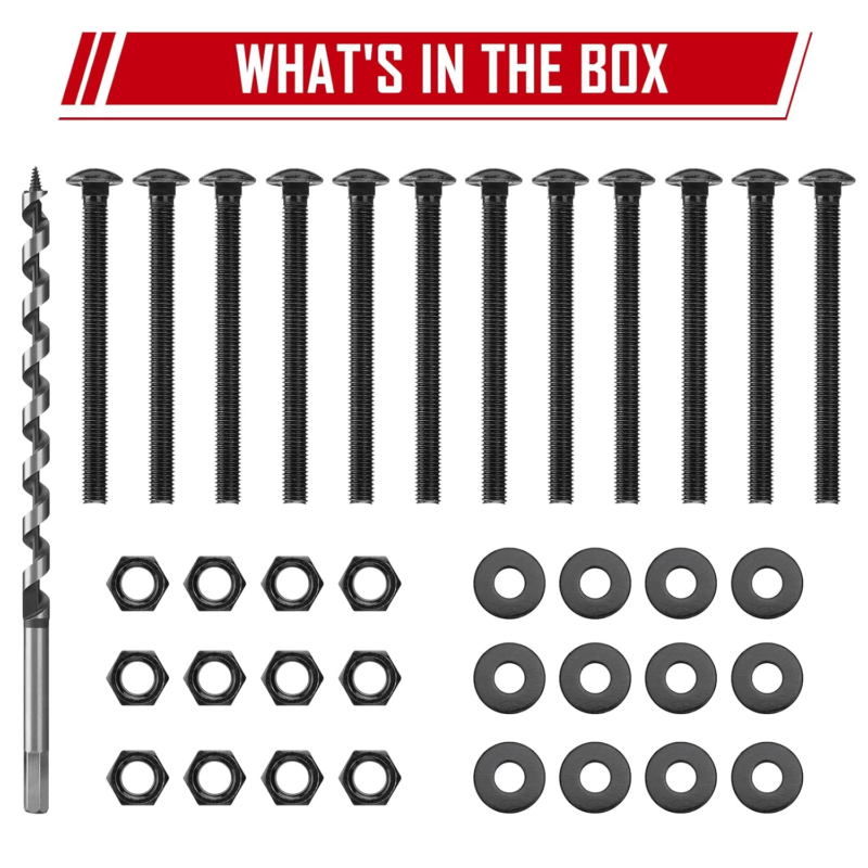 Carriage Bolt Kit with Auger Drill Bit - 12 Bolts, Washers, and Nuts