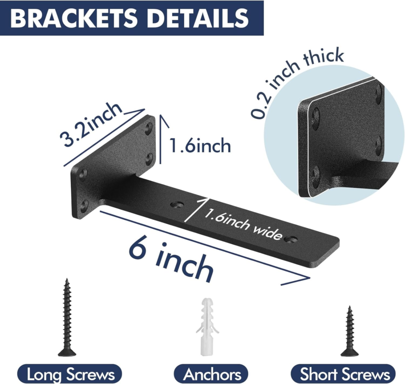 Heavy Duty 6 Pack Floating Shelf Brackets, 6 Inch Black Metal L Brackets