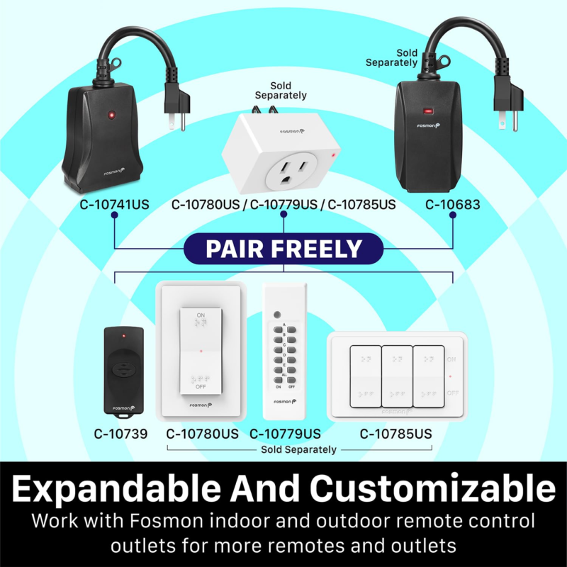 Remote Control Outlet with 2 Remotes, 15 AMP, Weatherproof, 100 FT Range