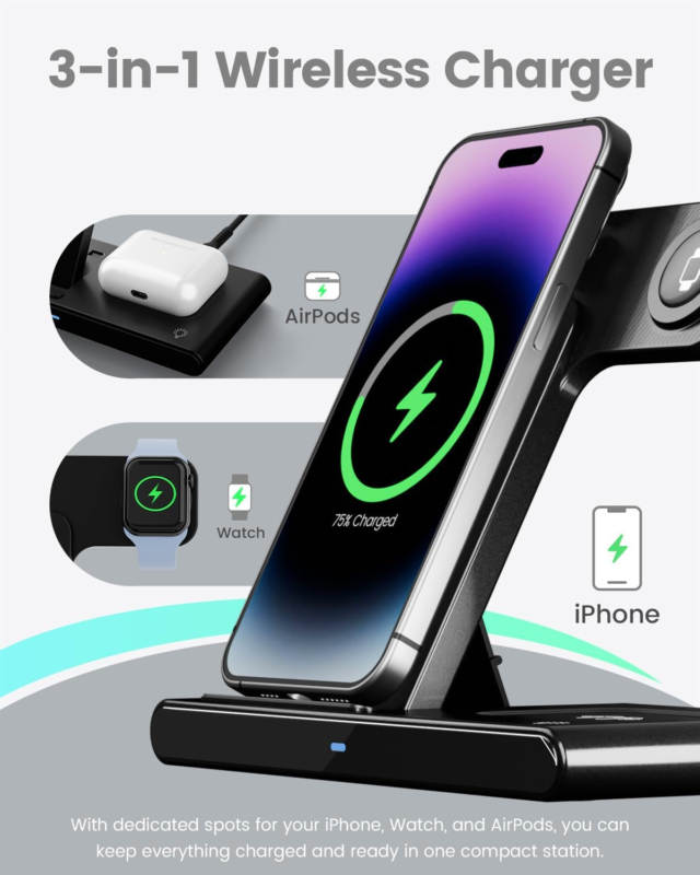 3-in-1 Wireless Charging Station for iPhone, Apple Watch, and AirPods