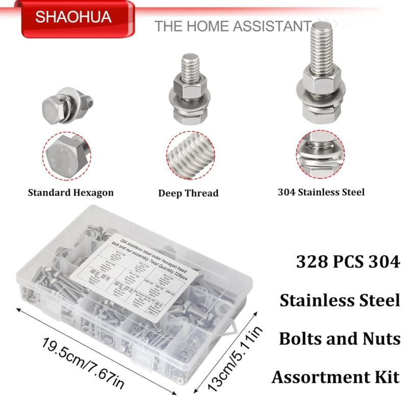 Metric Bolt Assortment Kit, 328PCS 304 Stainless Steel Screws, Nuts, Washers