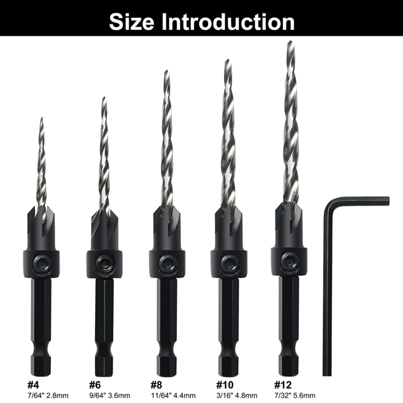 Countersink Drill Bit Set, 5Pcs Tapered Drill Bits M2 HSS, with 1/4" Hex Shank Q