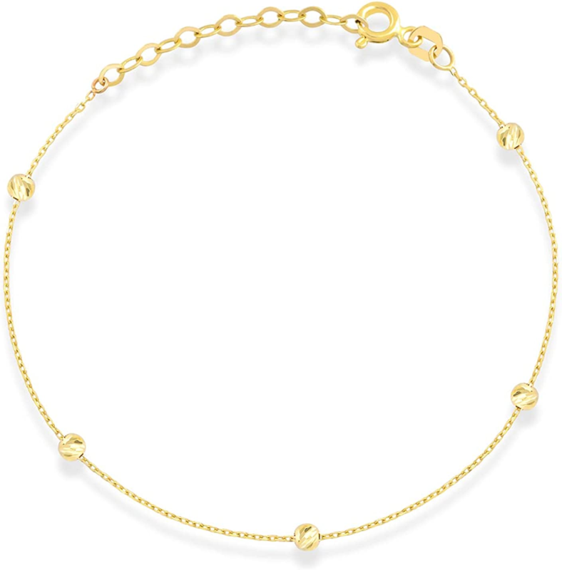 14K Real Gold Ball Bead Station Bracelet for Women, Adjustable 6" to 7"