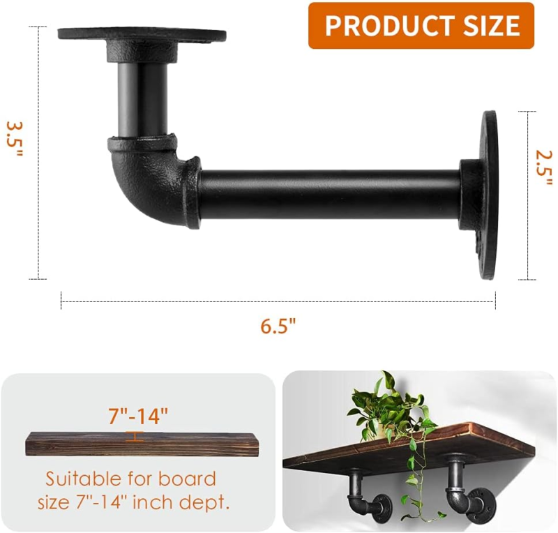 Heavy Duty Industrial Pipe Shelf Brackets for 8-14 Inch Boards - 6 Pack Black