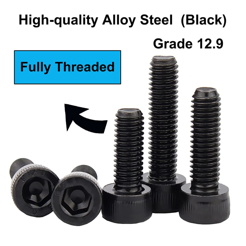 125PCS M3 Hex Socket Head Cap Screws, Grade 12.9 Steel, Black Oxide Finish