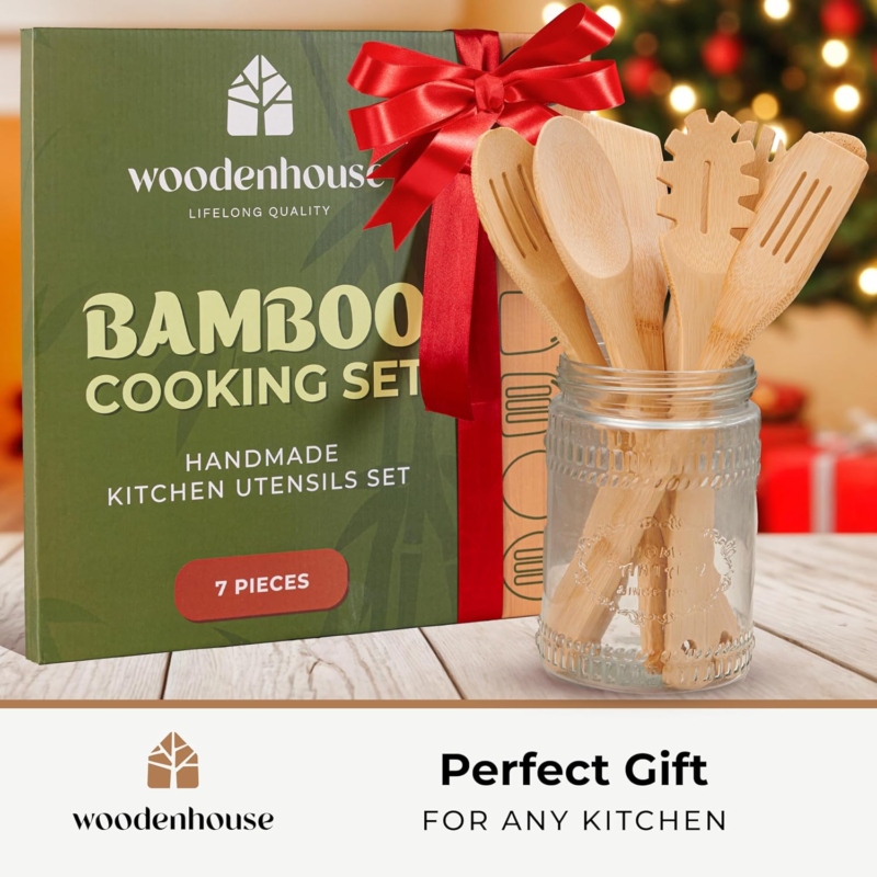 Bamboo Wooden Cooking Utensil Set - 7 Pcs Heat Resistant Kitchen Tools