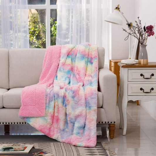 Faux Fur Throw Blanket, Soft Plush Sherpa, Rose Pink Rainbow 50"x65