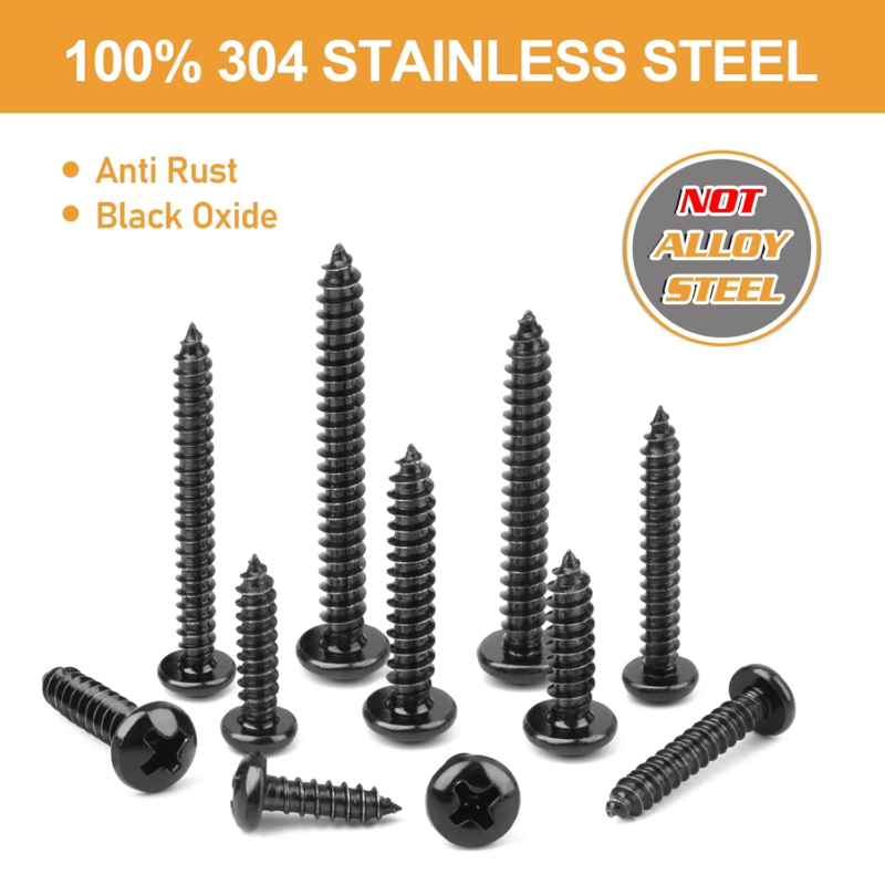 260PCS Black Wood Screws Kit, #6#8, 304 Stainless Steel Pan Head, Black Oxide