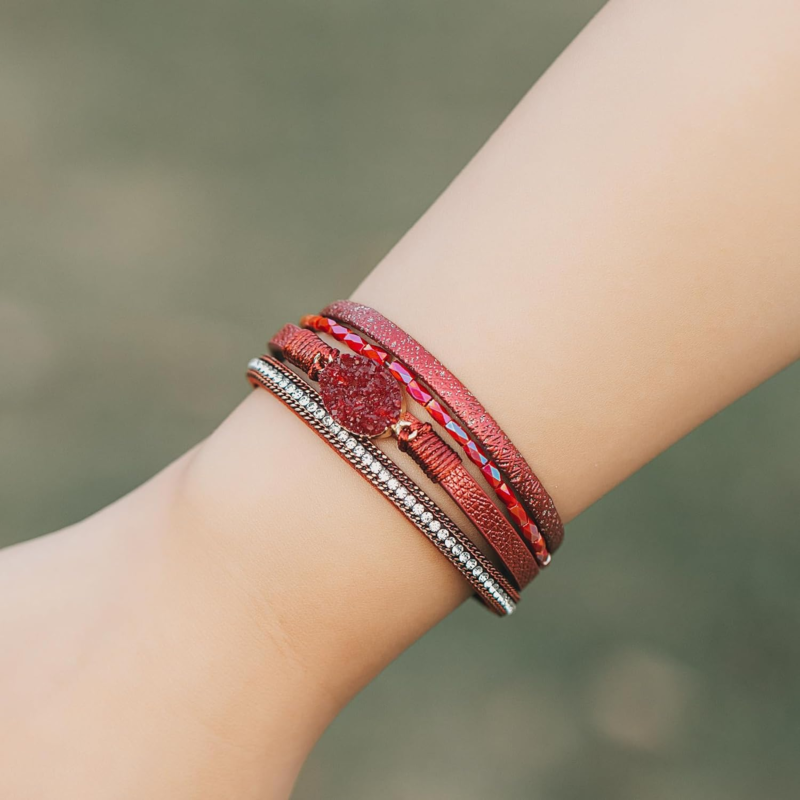 Boho Leather Wrap Bracelet with Crystal Beads for Women