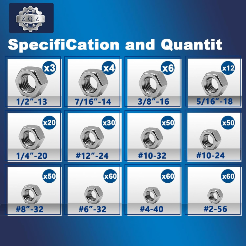 Stainless Steel Hex Nuts Assortment Kit - 405 Pcs SAE Sizes