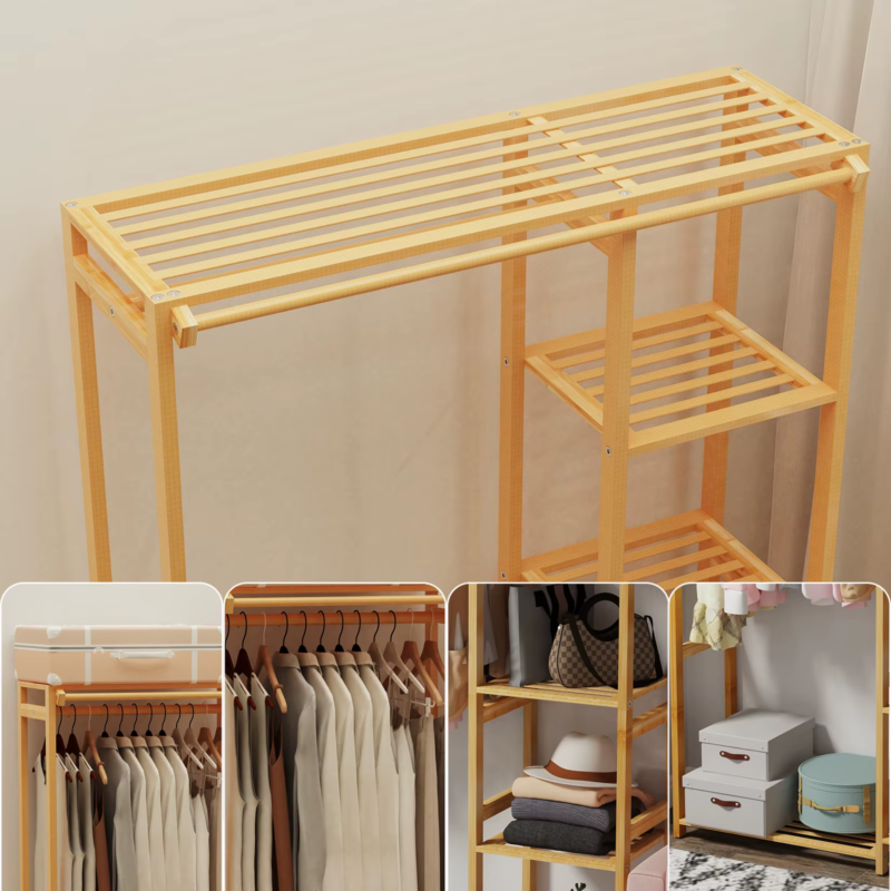 6-Tier Bamboo Garment Rack with Cover and Shelves for Clothing Organization