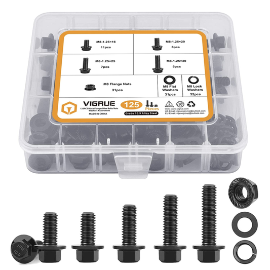 M8-1.25 X 16/20/25/30Mm Flange Hex Head Bolts Nuts Washers 125PCS